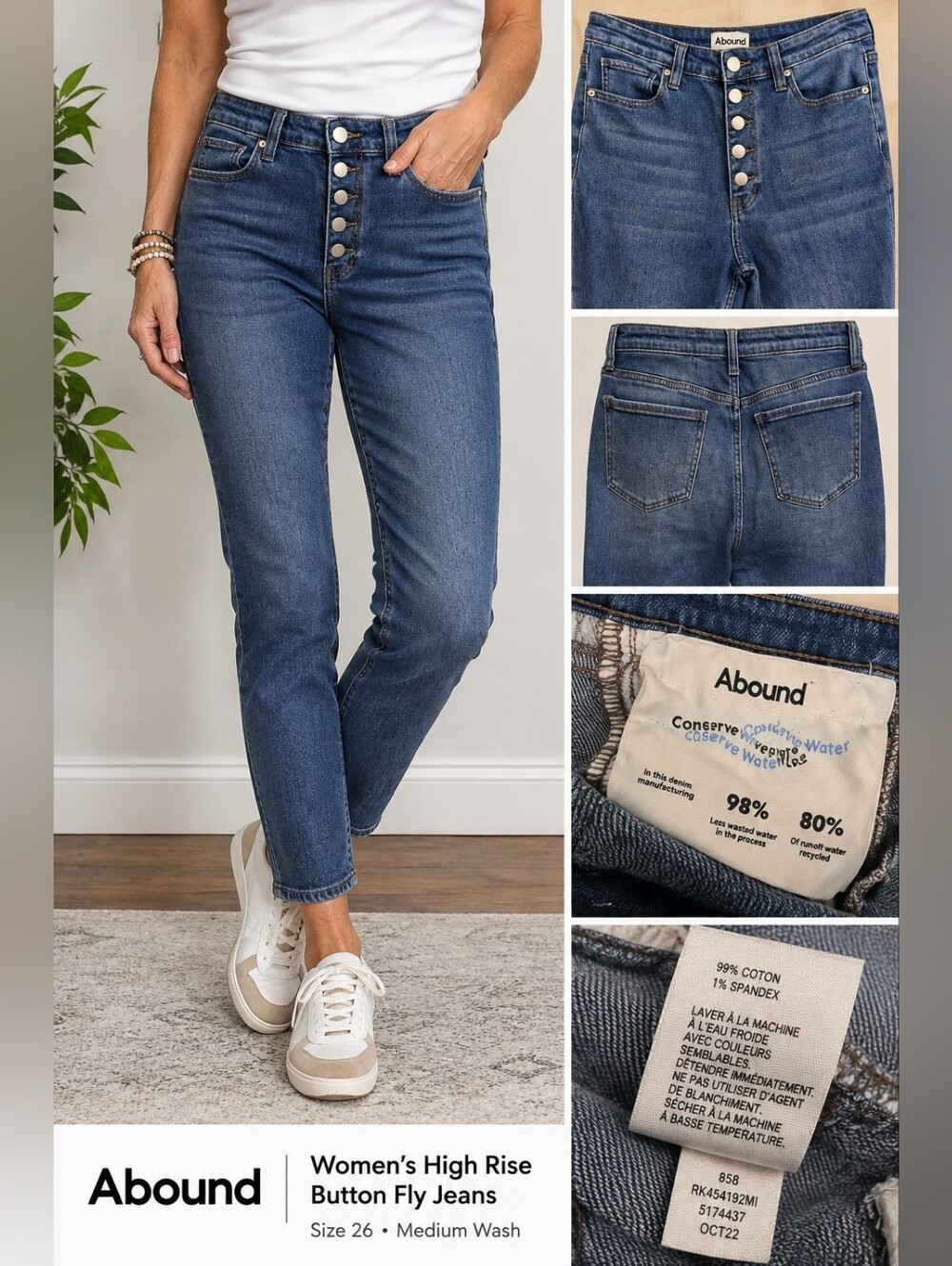 Abound High-Rise Button Fly Mom Jeans - Medium Blue Sz 26